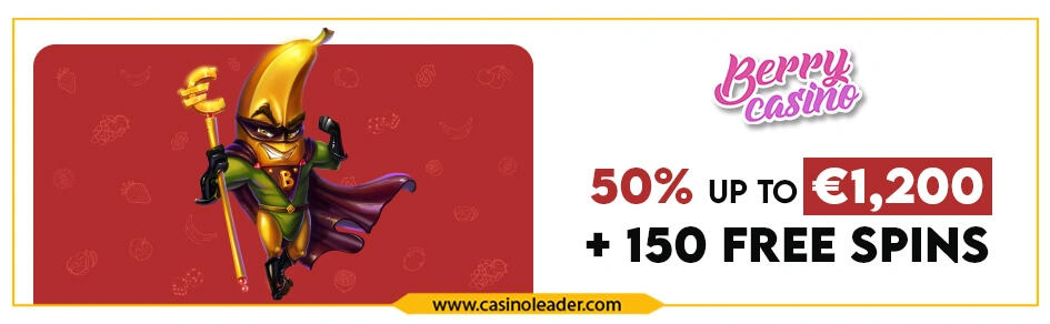 Berry Casino 50% Second Deposit Bonus up to €1,200 + 150 FS Berry Casino 50% Second Deposit Bonus up to €1,200 + 150 FS