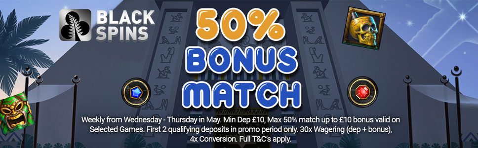 Black Spins Casino Midweek Madness 50% Match Bonus 