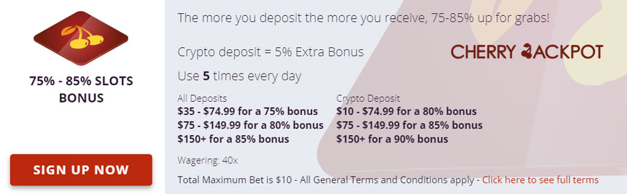 Cherry Jackpot Casino Weekly Bonus – Up to 85% Match Offer