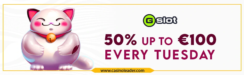 Gslot Casino 50% Reload Bonus of up to €100 Every Tuesday
