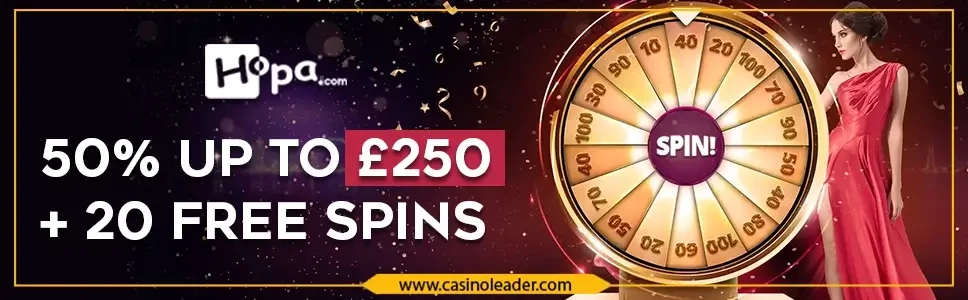 Hopa Casino 50% up to £250 Third Deposit Bonus + 20 FS 
