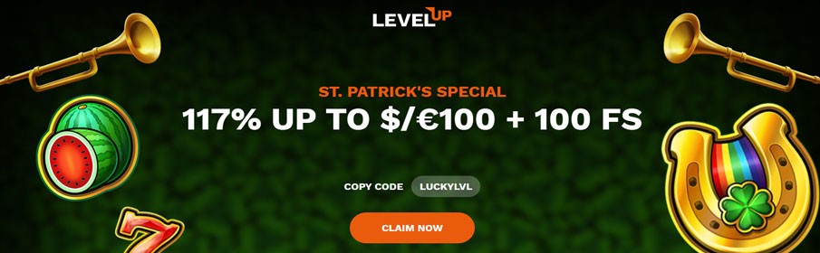  Level Up Casino 117% Match Bonus up to $100 & 100 FS