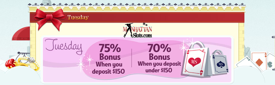 Manhattan Slots Casino Tuesday Offer – Up to 75% Match Bonus