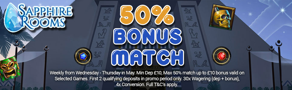 Sapphire Rooms Casino 50% Match Bonus 