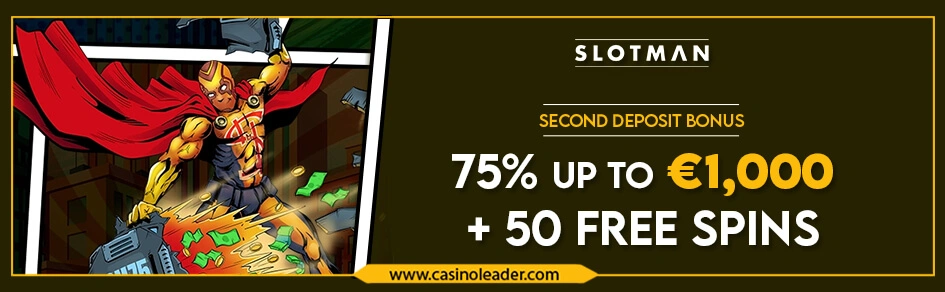 Slotman Casino 75% Second Deposit Bonus up to €1000 + 50 FS