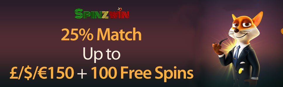 SpinzWin Casino 25% Match Up to £/$/€150 + 100 Free Spins