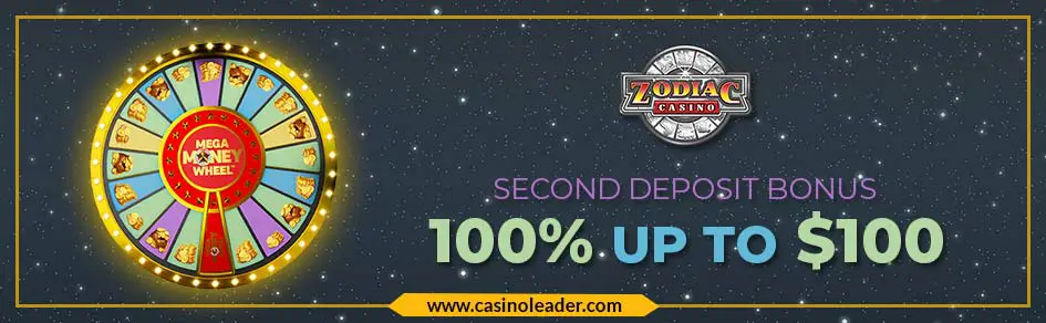 Zodiac Casino 100% Second Deposit Bonus up to $100